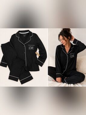 Rae Dunn LOVE Black Pajama Set Medium NWT Soft Lounge Sleepwear Button Front
